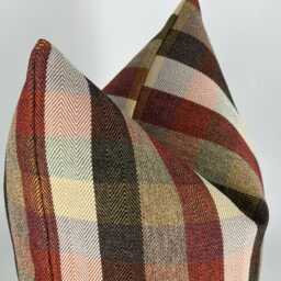 Plaid Chenille Pillow Cover, Terracotta Green Beige Tartan Cushion, Farmhouse Decor - thumbnail 2