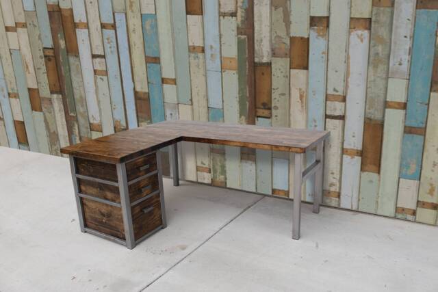 Rustic Wood L-Shaped Desk With Steel Legs & 3-Drawer Cabinet - image 1