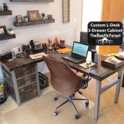 Rustic Wood L-Shaped Desk With Steel Legs & 3-Drawer Cabinet - thumbnail 2