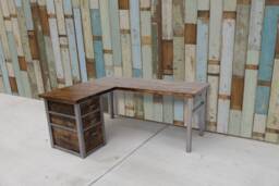 Rustic Wood L-Shaped Desk With Steel Legs & 3-Drawer Cabinet - thumbnail 1