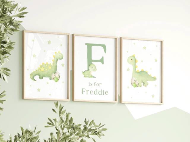Green Dinosaur Prints, Set Of 3 Personalised Boys Watercolour Nursery Bedroom, Boy Dino Print - image 1