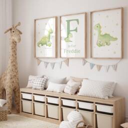 Green Dinosaur Prints, Set Of 3 Personalised Boys Watercolour Nursery Bedroom, Boy Dino Print - thumbnail 2