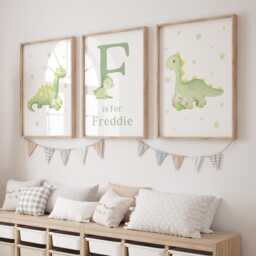 Green Dinosaur Prints, Set Of 3 Personalised Boys Watercolour Nursery Bedroom, Boy Dino Print - thumbnail 3