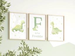 Green Dinosaur Prints, Set Of 3 Personalised Boys Watercolour Nursery Bedroom, Boy Dino Print - thumbnail 1