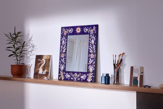 Floral Mirror Handpainted Ceramic Tiles Wall Art Cobalt Blue Mosaic Aesthetic Style Diy Custom Made Decor Rectangular Tile - image 1