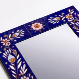 Floral Mirror Handpainted Ceramic Tiles Wall Art Cobalt Blue Mosaic Aesthetic Style Diy Custom Made Decor Rectangular Tile - thumbnail 3