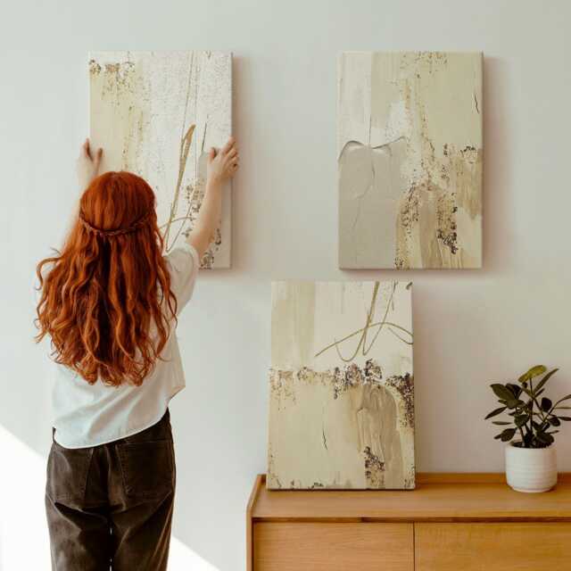 Canvas Art Set Of 3 - Patterns in Shades Beige & White, Yellow Print, Abstract Wall Decor - image 1