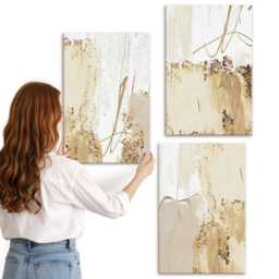 Canvas Art Set Of 3 - Patterns in Shades Beige & White, Yellow Print, Abstract Wall Decor - thumbnail 3