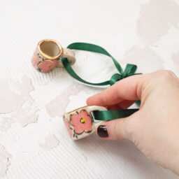 Hand-Painted Ceramic Floral Mug Ornament Gold Lustre Holiday Decor - thumbnail 3