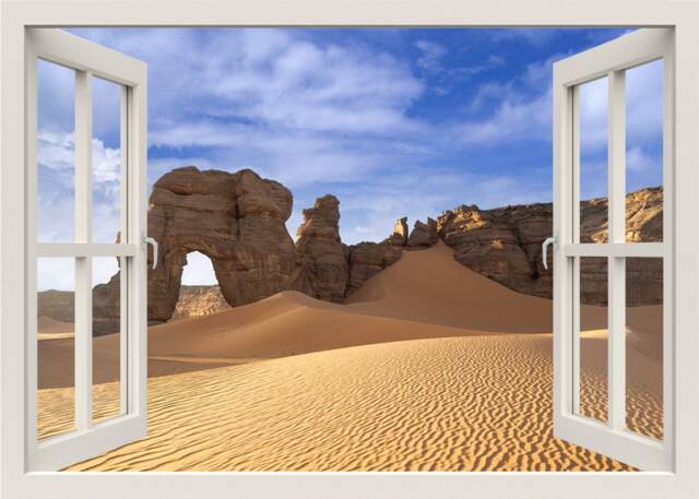 Desert Wall Decal, 3D Window Sand Frame Rocks View Mural, Living Room Home Decor