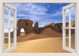 Desert Wall Decal, 3D Window Sand Frame Rocks View Mural, Living Room Home Decor