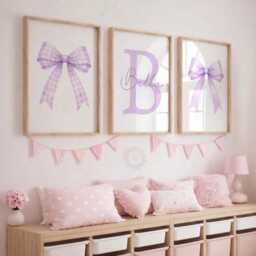 Purple Bow Nursery Prints - Set Of 3 Girls Wall Art, Custom Name Decor - thumbnail 2