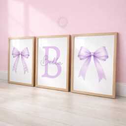 Purple Bow Nursery Prints - Set Of 3 Girls Wall Art, Custom Name Decor