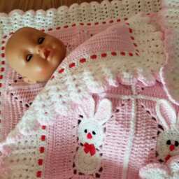 Custom Order. Crochet Pink Baby Blanket With Bunny, Rabbits For Little Girl/Easter Bunny - thumbnail 2