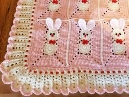 Custom Order. Crochet Pink Baby Blanket With Bunny, Rabbits For Little Girl/Easter Bunny