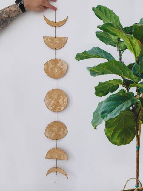 Lunar Phases Wall Hanging Engraved Birch Wood Moon Garland - image 1