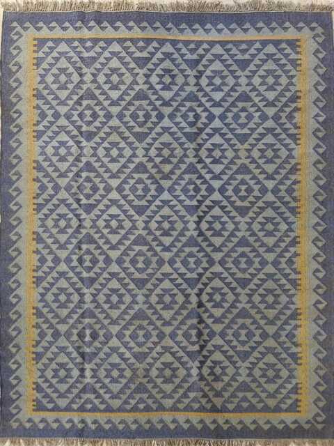 Handwoven Wool Jute Flatweave Rug - Grey & Mustard Geometric Kilim Reversible Boho Area - image 1