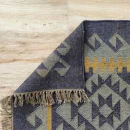 Handwoven Wool Jute Flatweave Rug - Grey & Mustard Geometric Kilim Reversible Boho Area - thumbnail 3