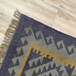 Handwoven Wool Jute Flatweave Rug - Grey & Mustard Geometric Kilim Reversible Boho Area - thumbnail 4