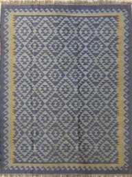 Handwoven Wool Jute Flatweave Rug - Grey & Mustard Geometric Kilim Reversible Boho Area - thumbnail 1