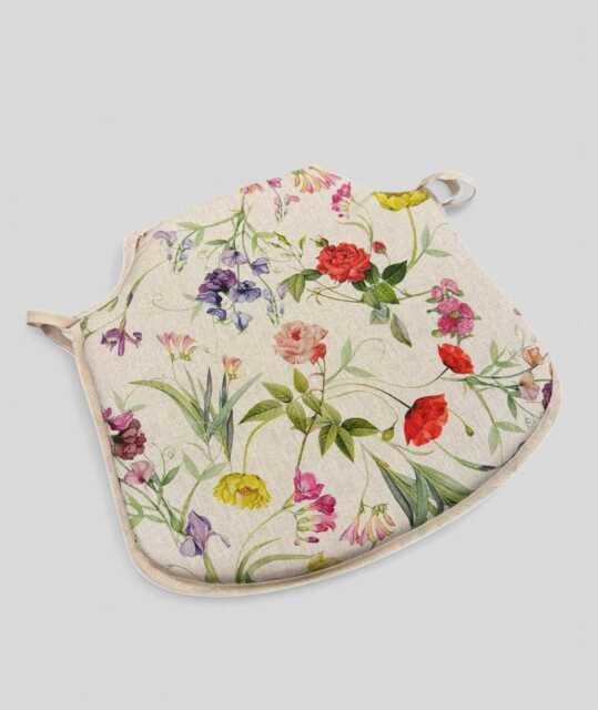 Classic Floral Spindle Chair Pad - Linen Seat Cushion With Ties - image 1
