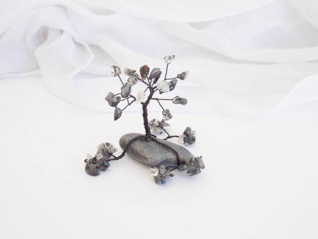 Rutilated Quartz Wire Tree Sculpture, Greek Pebble Base - image 1