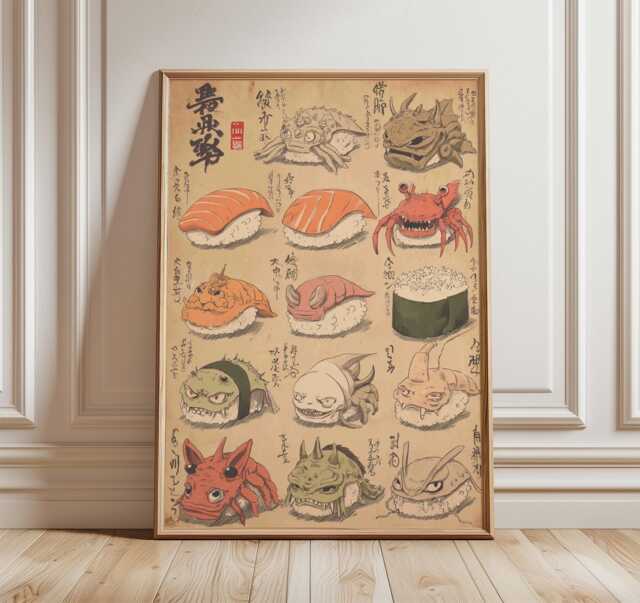 Japanese Sushi Monster Art, Yokai Food Poster, Edo Style Illustration, Funny Kitchen Print, Anime Inspired Artwork, Quirky Wall Decor - image 1