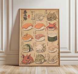 Japanese Sushi Monster Art, Yokai Food Poster, Edo Style Illustration, Funny Kitchen Print, Anime Inspired Artwork, Quirky Wall Decor - thumbnail 1