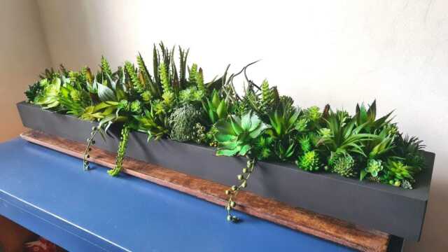 Faux Succulent Planter Artificial Foliage Wood Centrepiece, Modern Decor - image 1