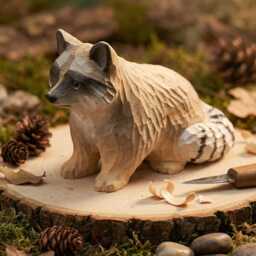 Hand Carved Wooden Raccoon Statue, Rustic Woodland Nursery Decor, Forest Animal Figurine, Garden Ornament - thumbnail 1