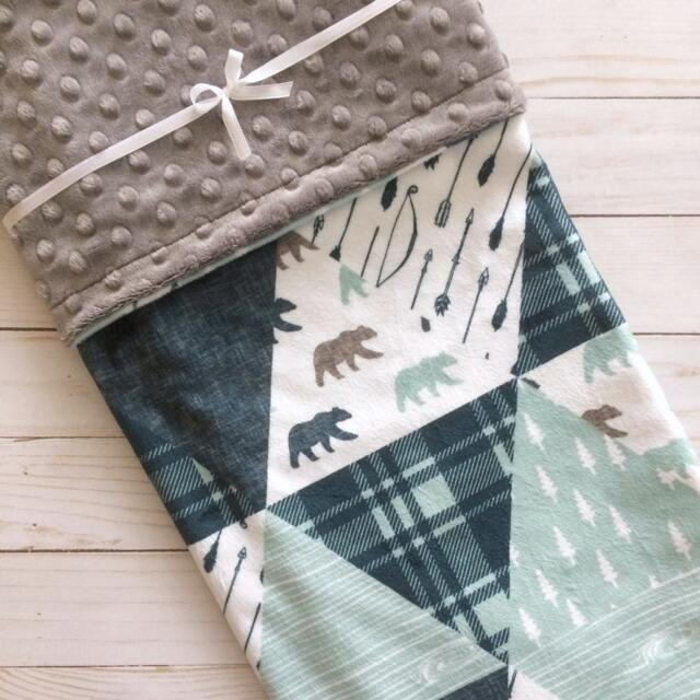 Baby Blanket - Faux Patchwork Quilt Bear Woodland Gift Boy Minky Blanket - image 1
