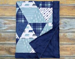 Baby Blanket - Faux Patchwork Quilt Bear Woodland Gift Boy Minky Blanket - thumbnail 2