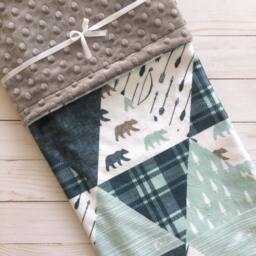 Baby Blanket - Faux Patchwork Quilt Bear Woodland Gift Boy Minky Blanket - thumbnail 1