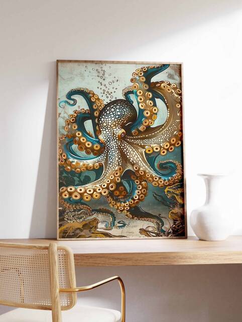Octopus Poster, Print, Sea Life Art, Ocean Wall Sealife Decor, Vintage Animal Gift - image 1