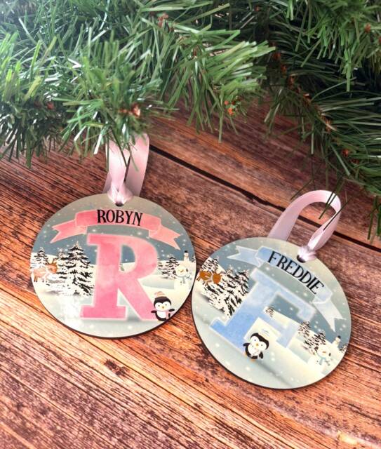 Personalised Name Christmas Tree Decoration/Bauble Pink Or Blue Initial Penguin Design - Custom Hanging Ornament - image 1