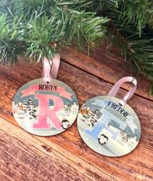 Personalised Name Christmas Tree Decoration/Bauble Pink Or Blue Initial Penguin Design - Custom Hanging Ornament