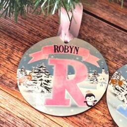 Personalised Name Christmas Tree Decoration/Bauble Pink Or Blue Initial Penguin Design - Custom Hanging Ornament - thumbnail 2