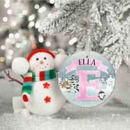 Personalised Name Christmas Tree Decoration/Bauble Pink Or Blue Initial Penguin Design - Custom Hanging Ornament - thumbnail 3