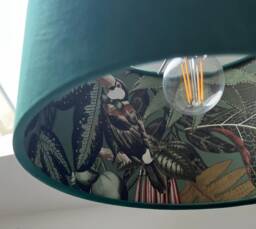 Green Velvet Wonderland Drum Lampshade, Double Sided Lampshade With Sage Tropical Paper Interior, Ceiling Light Shade