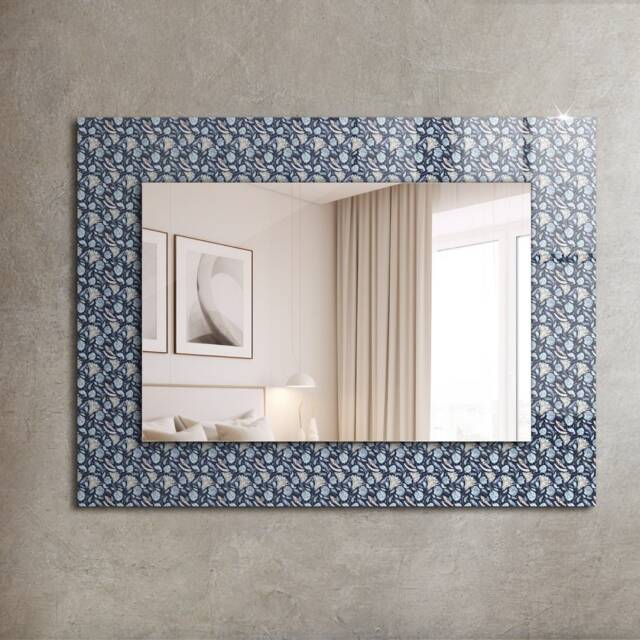 Blue Floral Pattern Mirror, Rectangular Mirror With Frame, Navy Wall Printed Decorative Living Room - image 1