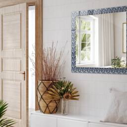 Blue Floral Pattern Mirror, Rectangular Mirror With Frame, Navy Wall Printed Decorative Living Room - thumbnail 3