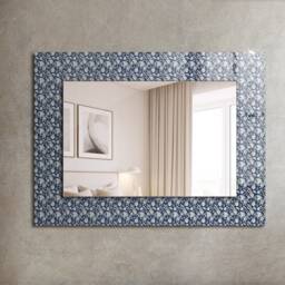 Blue Floral Pattern Mirror, Rectangular Mirror With Frame, Navy Wall Printed Decorative Living Room