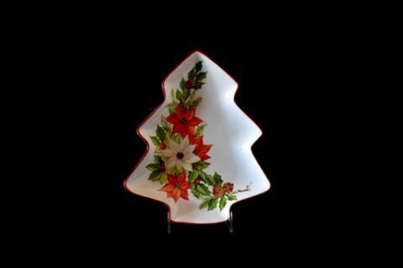 Porcelain Christmas Tree Bowl, Hand-Decorated With Red Poinsettias, White, Holly & Pine Cones - image 1