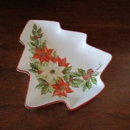 Porcelain Christmas Tree Bowl, Hand-Decorated With Red Poinsettias, White, Holly & Pine Cones - thumbnail 3