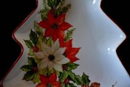 Porcelain Christmas Tree Bowl, Hand-Decorated With Red Poinsettias, White, Holly & Pine Cones - thumbnail 2