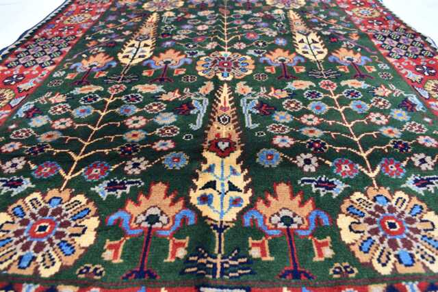 Hand-Knotted Afghan Wool Rug Olive Green Gandum Design, 5x3.3 - image 1