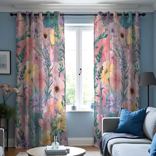 Pastel Floral Curtains, Watercolor Wildflower Print Drapes, Pink & Yellow Botanical Panels, Custom Made Eyelet Or Rod Pocket Curtains - image 1