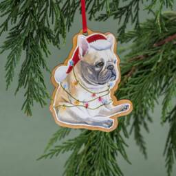 French Bulldog, Christmas Ornament, Wood Tree Handmade, Watercolor Art, Dog Bulldog Gift