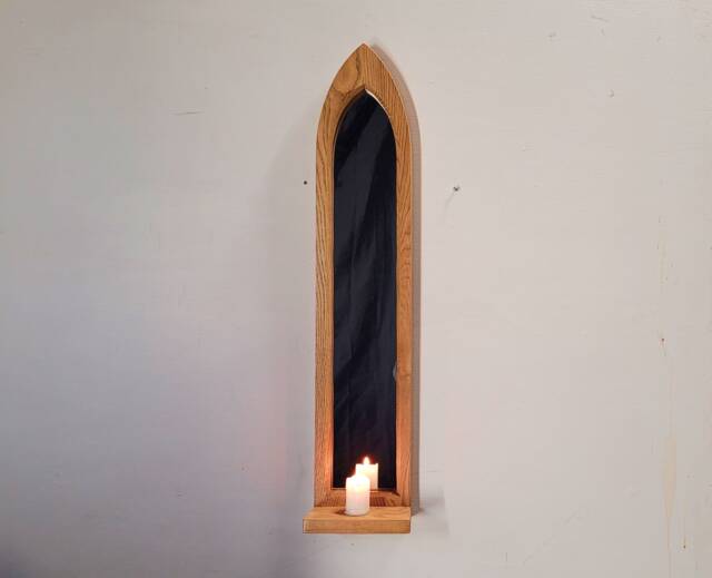 Unusual Gothic Arch Shaped Solid Wooden English Oak Mirror & Shelf 79 cm Long Hand Made - image 1