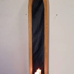 Unusual Gothic Arch Shaped Solid Wooden English Oak Mirror & Shelf 79 cm Long Hand Made - thumbnail 2